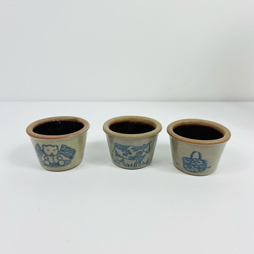 Vintage Miniature Stoneware Crocks Glazed Set of 3 Blue Basket Bear Cow - Picture 2 of 8